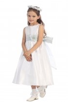 White/Silver Flowers and Sash Flower Girl Dress
