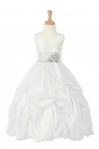 White/Silver Taffeta Pick Up Flower Girl Dress with Sash