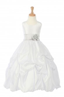 White/Silver Taffeta Pick Up Flower Girl Dress with Sash