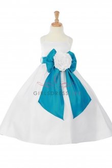 White/Turquoise Bridal Satin A-line Spaghetti Dress with Sash