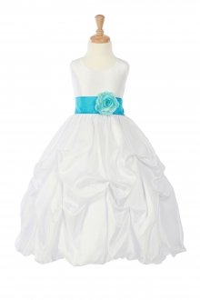 White/Turquoise Taffeta Pick Up Flower Girl Dress with Sash