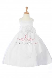 White/White Bridal Satin A-line Spaghetti Dress with Sash