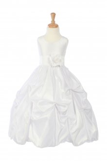 White/White Taffeta Pick Up Flower Girl Dress with Sash