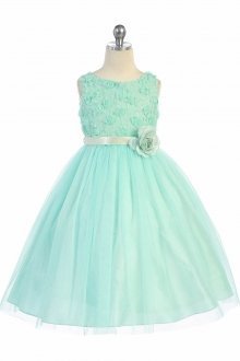 Mint Sleeveless Tulle Dress with Mesh Rolled Flowers Flower Girl Dress