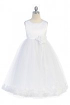 All White Sleeveless Satin Flower Petal Flower Girl Dress