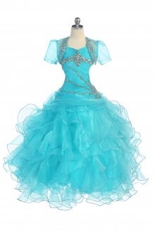 Aqua Full Length Oraganza Ruffled Ball Gown Dress
