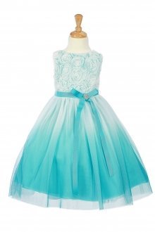 Aqua Rosett Detail Ombre printed tull Flower Girl Dress