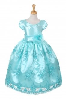 Aqua Shiny Satin Embroiedered Lace Dress with Corsage