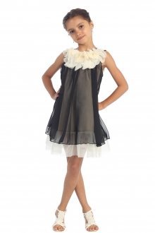 Black Chiffon Short Flower Girl Dress with ruffled flower neckline
