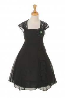 Black Lace Ruffled Chiffon Dress with Eyelid Lace Back Flower Girl Dress