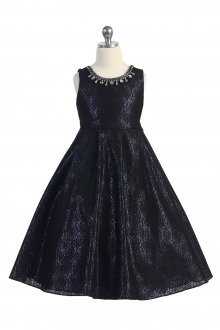 Black/Royal Laced Metallic Dress with Stone Necklace Flower Girl Dress