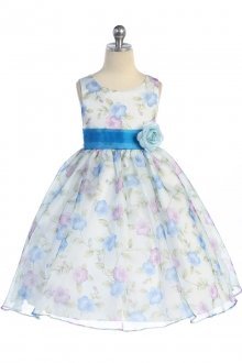 Blue Floral Printed Sleeveless Fower Girl Dress Blue Floral Printed Sleeveless Fower Girl Dress