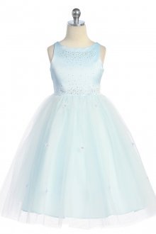 Blue Sleeveless Satin Flower Girl Dress with Sparkles