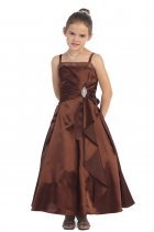 Brown Brillinat Satin Ruffle Detail A-line Jr. Bridesmaid Dress with Sparkles