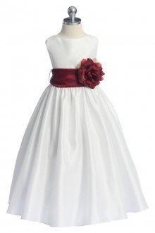 Burgundy Flowers and Sash Flower Girl Dress