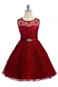 Burgundy Lace Pleated Flower Girl Dresses