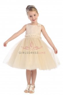 Champagne Sleeveless Lace Bdice Tulle Dress with Rosetti Detail