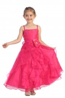 Fuchsia Jeweled Bodice Ruffle Layered Organza Flower Girl Dress