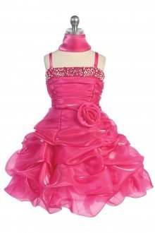 Fuchsia Shiny Organza Ruched Pick up Short Dress with Pearl Beading
