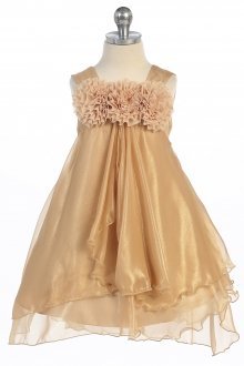 Gold Beautiful Shiny Chiffon Dress With Three Chiffon Flower Trim