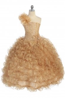 Gold Single Shoulder Princess Pageant Girl Ball Gown
