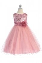 Gorgeous Rose Sequined Round Neck Tulle Overlaid Girl Dress