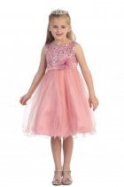 Gorgeous Rose Pink Sequined Round Neck Tulle Overlaid Girl Dress