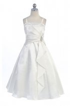 Ivory Brilliant Satin Ruffle Detail A-line Flower Girl Dress with Sparkles