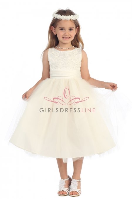 Ivory Lace Accented Satin Top and Tulle Overlaid Flower Girl Dress Ivory Lace Accented Satin Top and Tulle Overlaid Flower Girl Dress