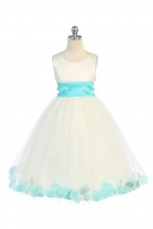 Ivory/Aqua Satin & Tulle Flower Girl Dress with Petals & Sash