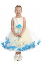 Ivory/Aqua Sleeveless Satin Flower Petal Flower Girl Dress