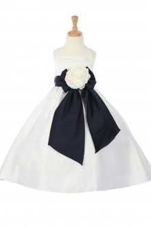 Ivory/Black Bridal Satin A-line Dress with Sash