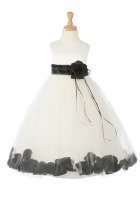 Ivory/Black Sleeveless Satin Flower Petal Flower Girl Dress with Sash