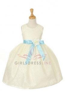 Ivory/Blue Elegant Lace Flower Girl Dress