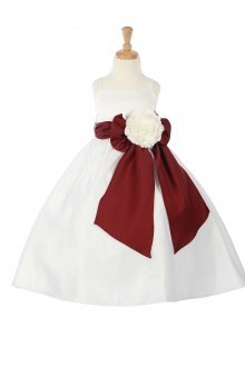 Ivory/Burgundy Bridal Satin A-line Spaghetti Dress