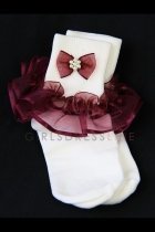 Ivory/Burgundy Ruffled Organza Socks