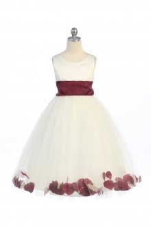 Ivory/Burgundy Satin & Tulle Flower Girl Dress with Petals & Sash