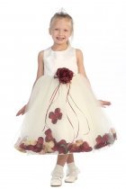 Ivory/Burgundy Sleeveless Satin Flower Petal Flower Girl Dress
