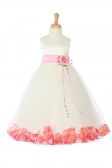 Ivory/Coral Sleeveless Satin Flower Petal Flower Girl Dress with Sash