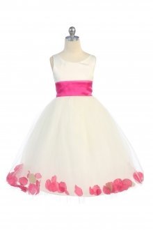 Ivory/Fuchsia Satin & Tulle Flower Girl Dress with Petals & Sash