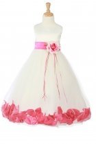 Ivory/Fuchsia Sleeveless Satin Flower Petal Flower Girl Dress with Sash