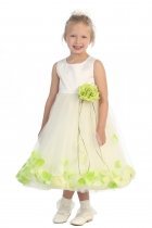 Ivory/Lime Sleeveless Satin Flower Petal Flower Girl Dress