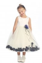 Ivory/Navy Blue Sleeveless Satin Flower Petal Flower Girl Dress