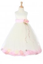 Ivory/Pink Sleeveless Satin Flower Petal Flower Girl Dress with Sash