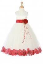 Ivory/Red Sleeveless Satin Flower Petal Flower Girl Dress with Sash