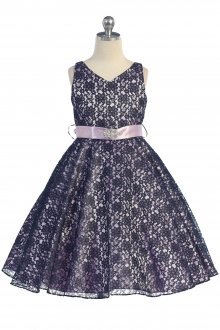 Lilac Lace Floral Pattern Flower Girl Dress with Removable Satin Sash