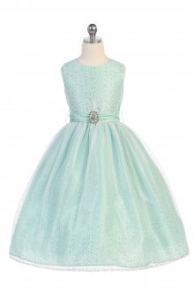 Mint Classic Glitter Tulle Overlaid Flower Girl Dress