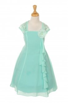 Mint Lace Ruffled Chiffon Dress with Eyelid Lace Back Flower Girl Dress
