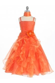 Orange Jeweled Bodice Ruffle Layered Organza Flower Girl Dress