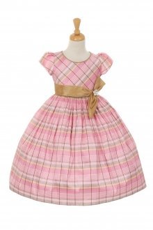 Pink Elegant Dupioni Checked Cap Sleeve Flower Girl Dress